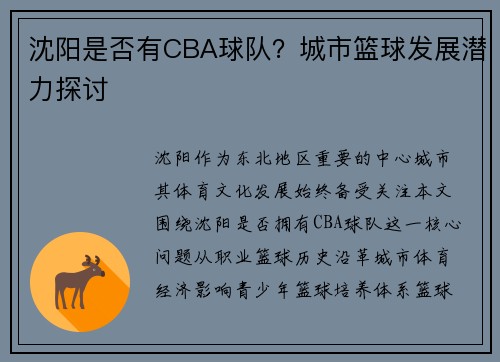 沈阳是否有CBA球队？城市篮球发展潜力探讨