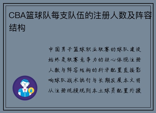 CBA篮球队每支队伍的注册人数及阵容结构