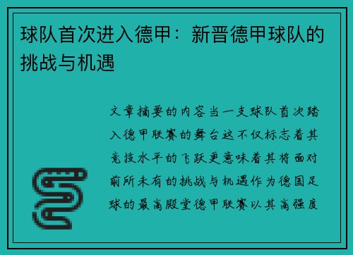 球队首次进入德甲：新晋德甲球队的挑战与机遇
